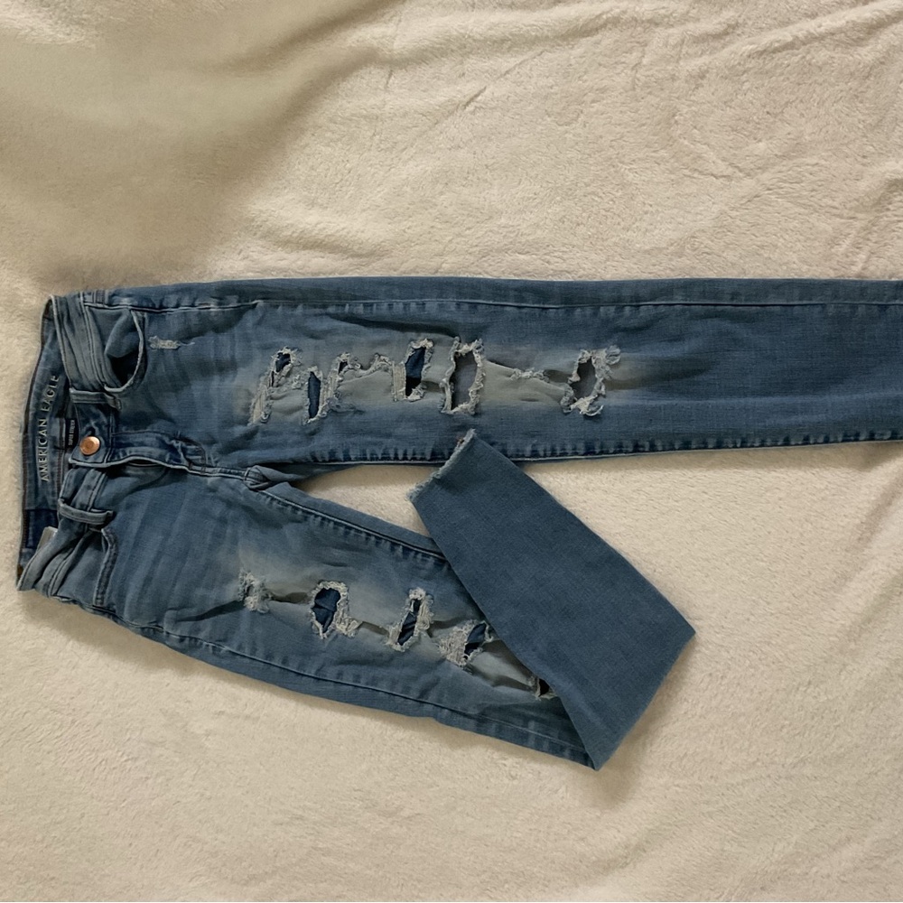 American Eagle Outfitters Blue Skinny Jeans with Distressed Details